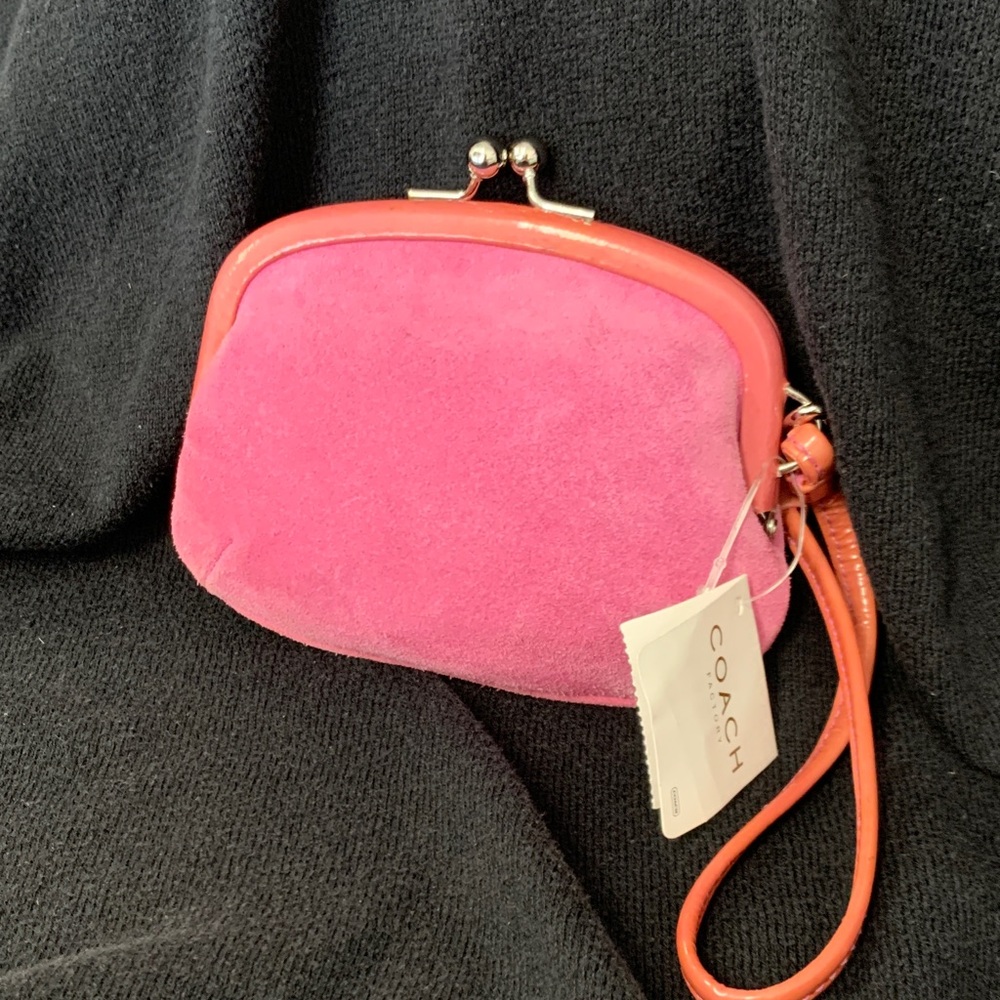 Coach Pink Suede Kiss-Lock Clutch with Coral Trim - Picture 3 of 4